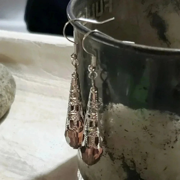 Handcrafted Caged Filigree Faceted Purple Crystal Silver Teardrop Earrings - Picture 2 of 8